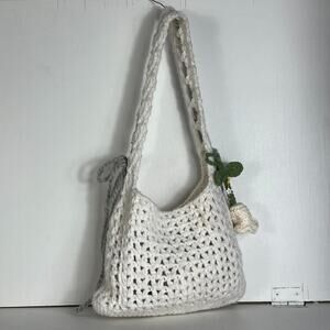 Crochet Women's Shoulder Bag Ivory With Bow Detail Lightweight
